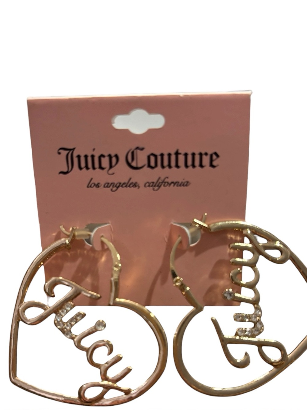 🎀 NWT Juicy Couture Goldtone Heart Script Hoop Earrings with Crystals 🎀